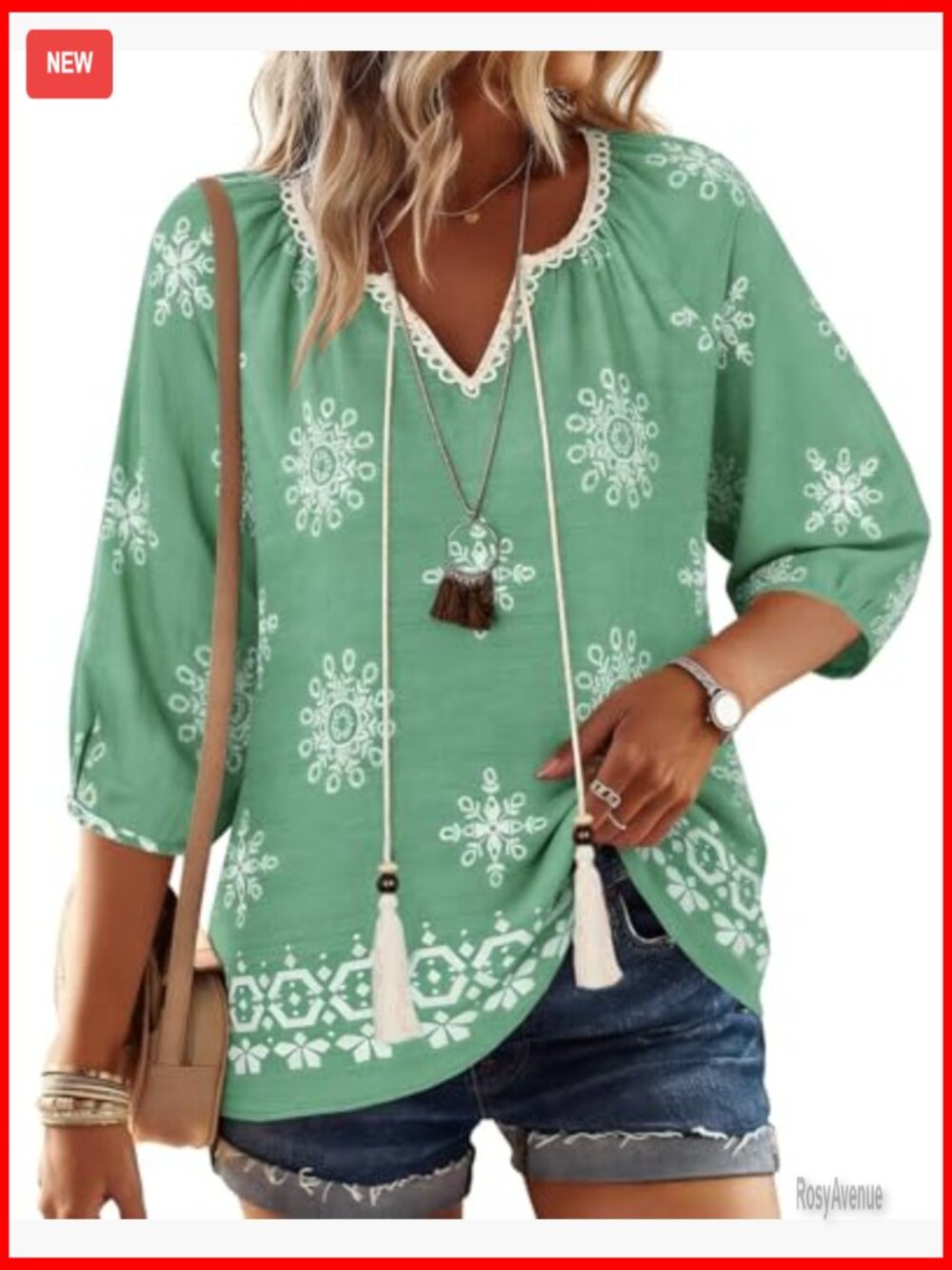 Boho 3/4 Sleeve V-Neck Tie Front Peasant Blouse Loose Fit Flowy Summer Top - Picture 2 of 7